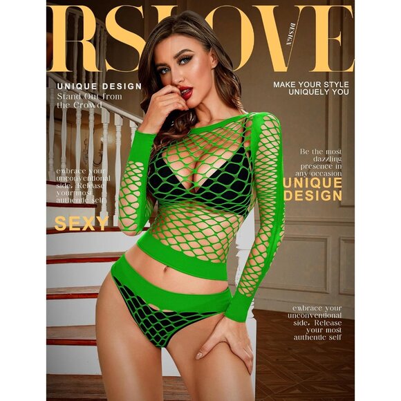 🆕Women Green Mesh Lingerie Fishnet Babydoll Bodysuit Long Sleeve See Through - Picture 2 of 5